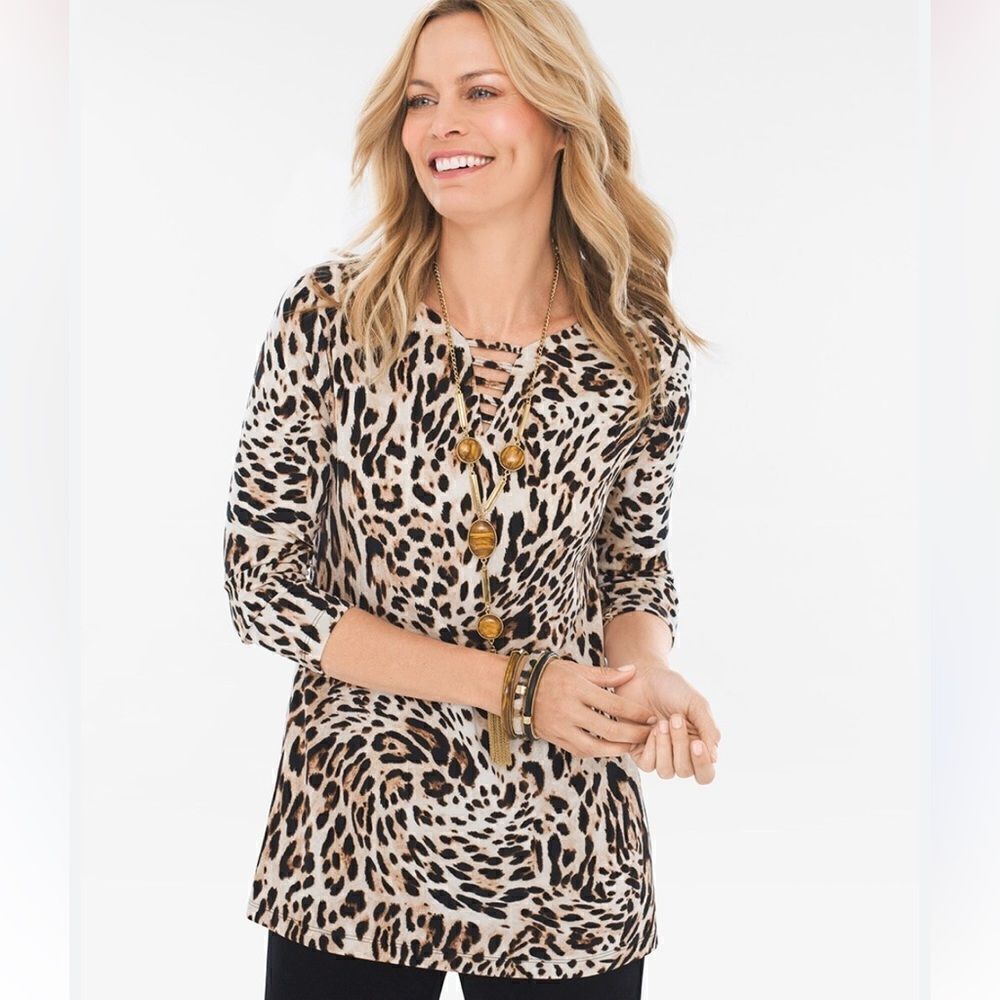 Chicos TRAVELERS CLASSIC long sleeve animal Print Top shirt blouse siz small 4 6